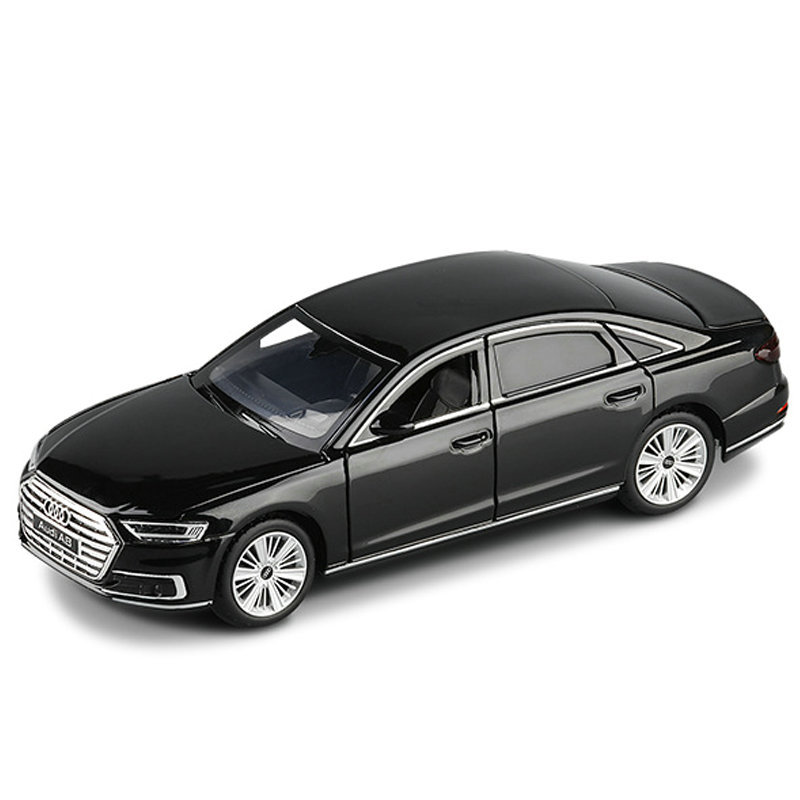 jkm1/32 奥迪a8合金汽车模型六开避震转向仿真金属轿车盒装声光