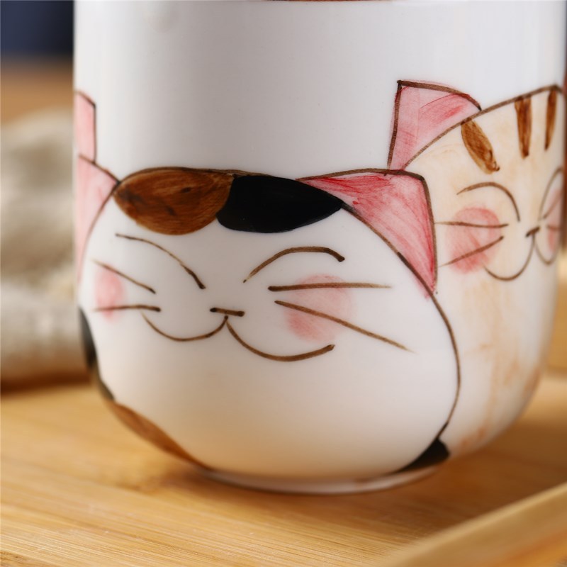 手绘杯子陶瓷杯釉下彩招财猫大容量马克杯猫咪陶瓷杯礼盒装