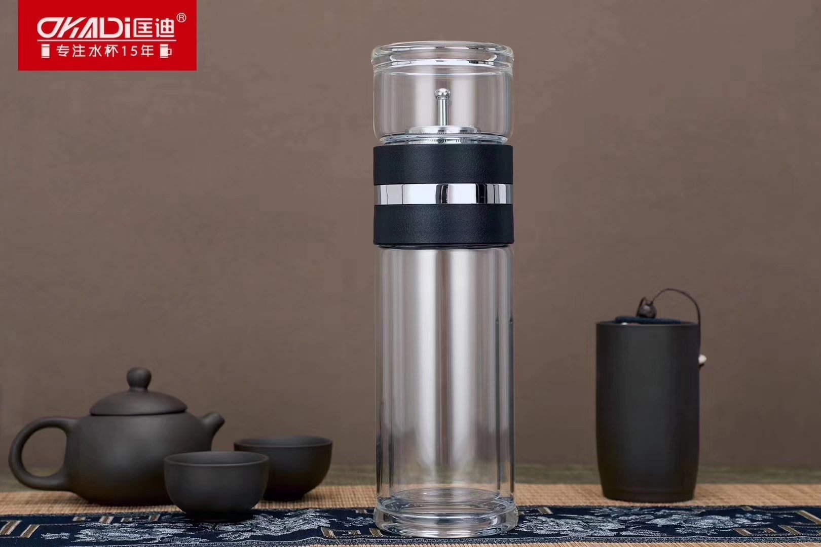 匡迪3805新款旋转式茶水分离玻璃杯商务休闲便携泡茶杯批发定制