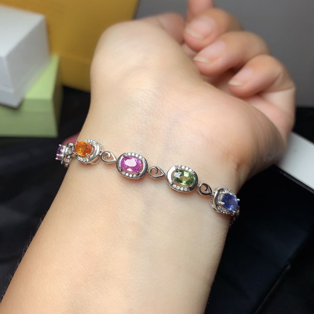 天然彩色蓝宝石手链彩宝925银镶嵌宝石手链礼物饰品直播货源供货