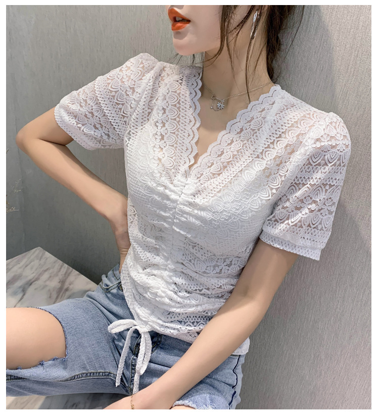 v领镂空蕾丝打底衫2020夏季新款抽绳锁骨上衣心机设计感短袖t恤女