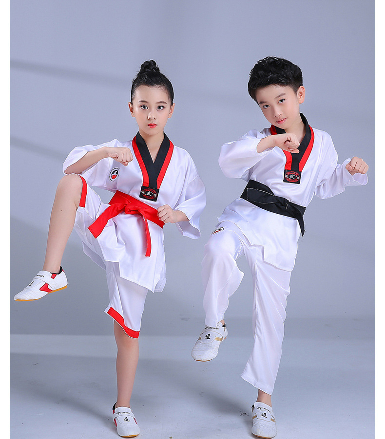新款儿童跆拳道柔道演出服少儿舞台表演服男女童长短袖跆拳道套装