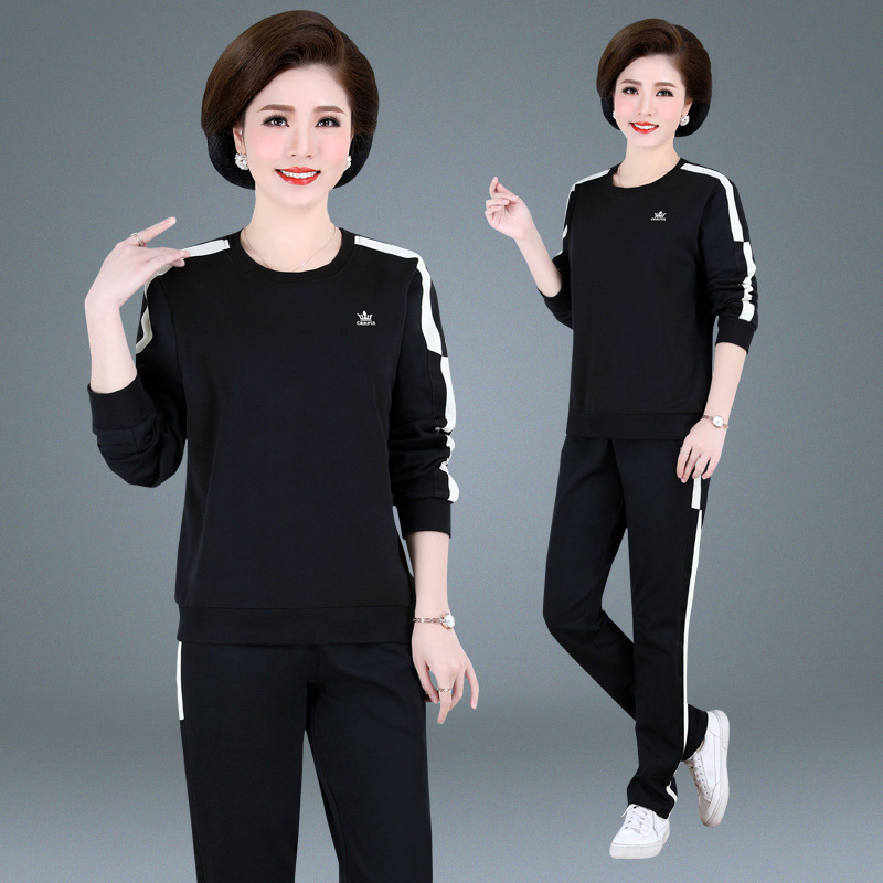 中年女式运动服春秋圆领套头休闲卫衣两件套中老年妈妈装洋气套装