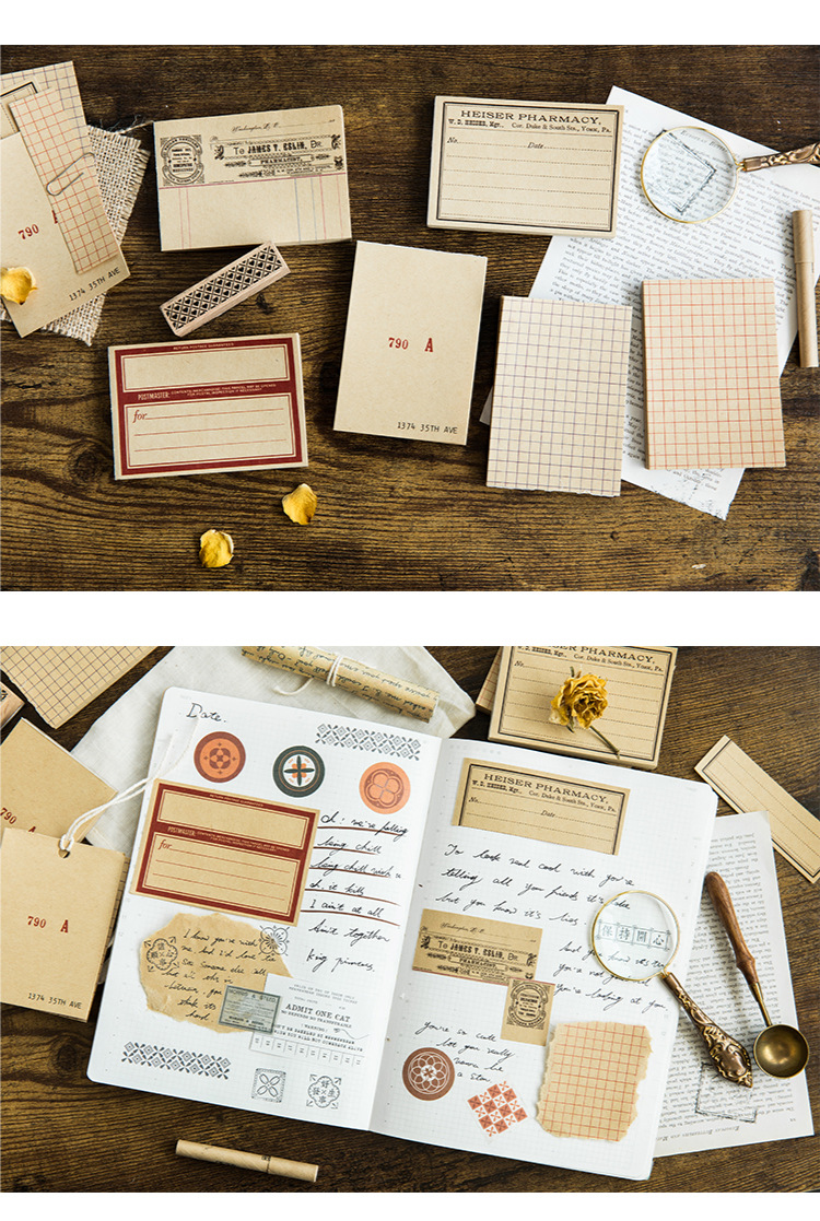 言己便签 复古牛皮纸系列 创意复古边框手帐素材装饰贴50枚入 6款