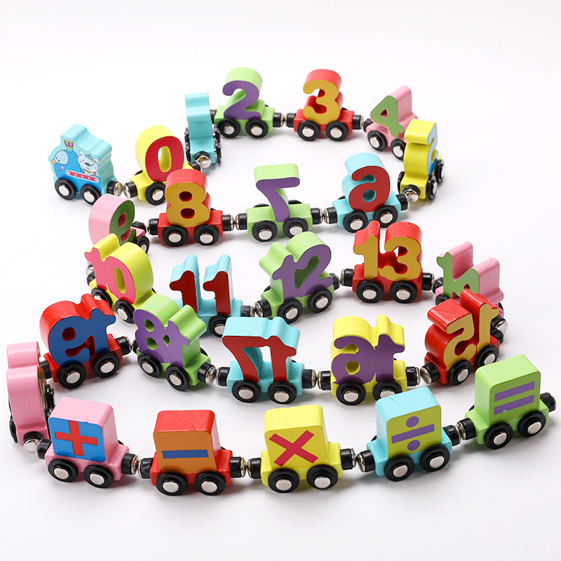 Wood Magnetic Digital Small Train Kindergarten Know Letters Assembled Drag Building Blocks Children's Toy Car 1-3 Years Old