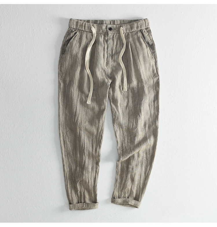 松紧腰亚麻九分裤男士做皱复古微宽松沙滩裤舒适透气麻料裤子薄款