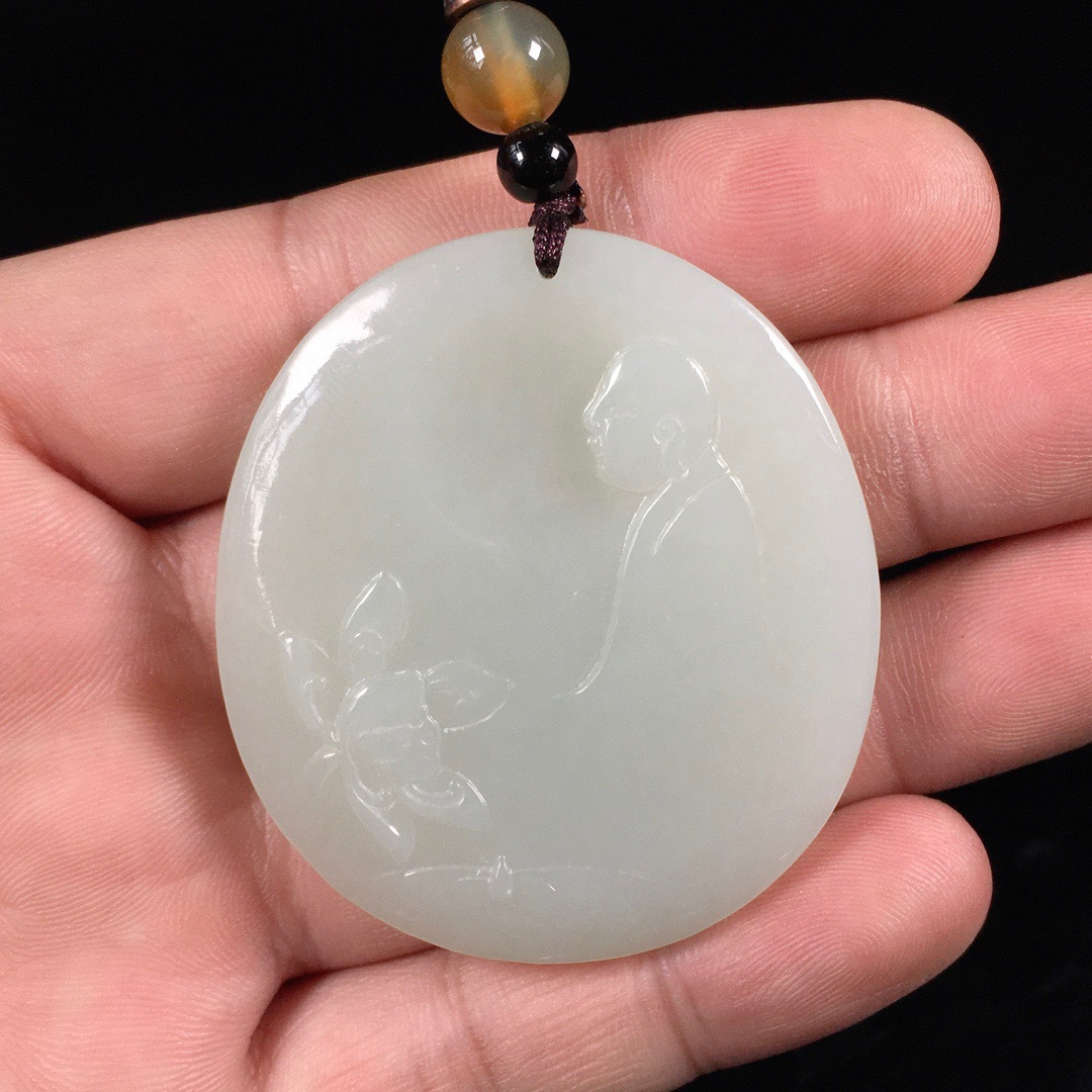 天然和田玉白玉悟道佛玉石玉牌 男女款保平安佛像玉器挂件挂饰