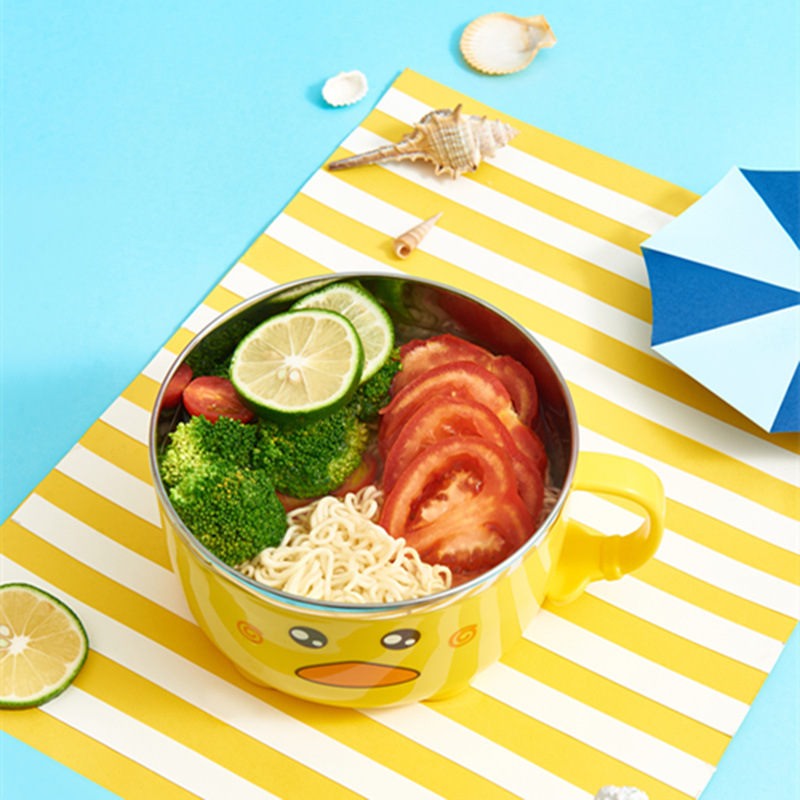 304 Stainless Steel Instant Noodle Bowl Creative Small Yellow Duck Cute Bowl with Lid Student Dormitory Insulated Lunch Box 0652-9