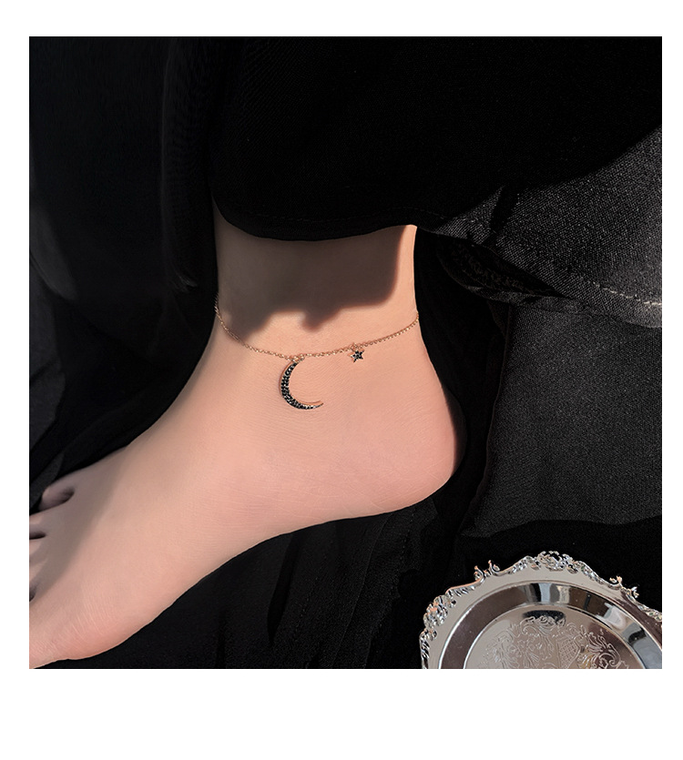黑色月亮星星脚链精致微镶锆石脚踝链子温柔气质简约学生足链女款