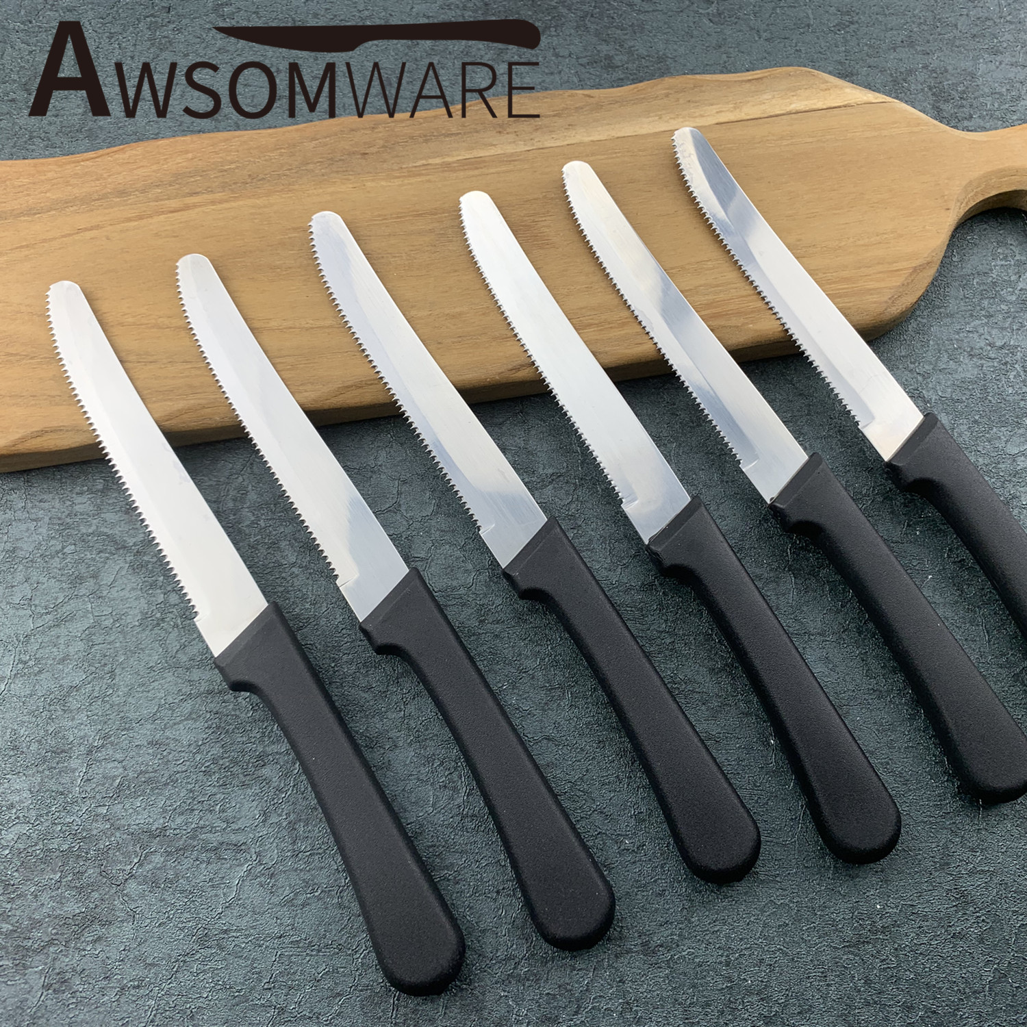 ebay热销 欧美全齿牙牛扒刀塑料手柄多功能通用西餐刀具 现货批发