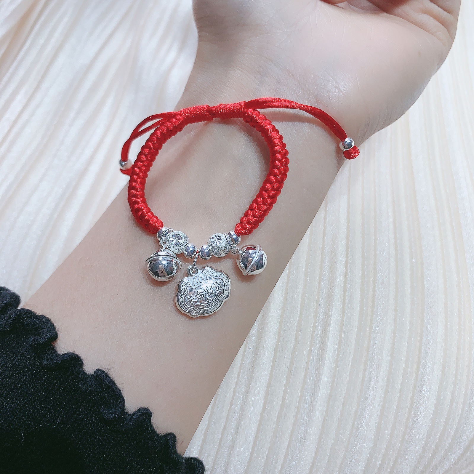 香港正生银饰s925平安如意铃铛宝宝红绳手链纯银儿童婴儿生日礼物