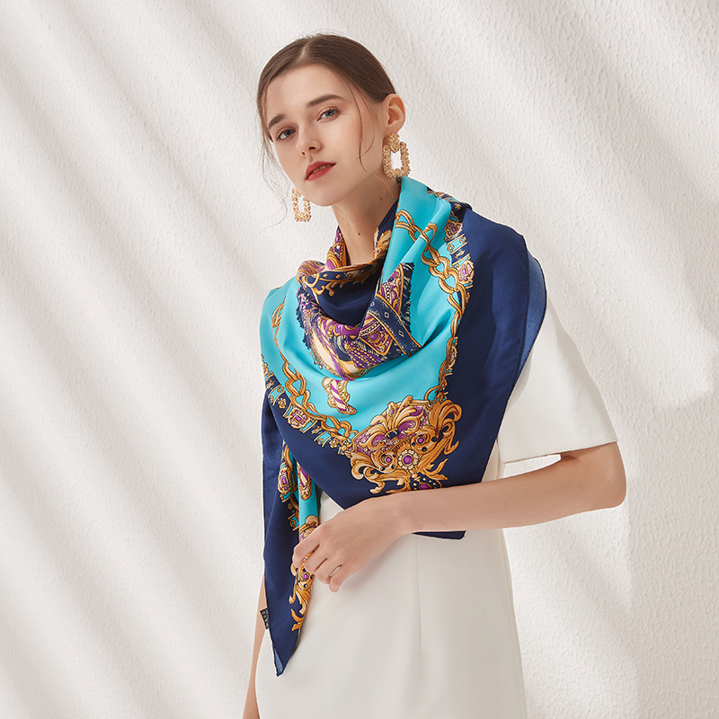 Cross-Border New Arrival Fashion Square Large Kerchief Artificial Silk Twill Silk Scarf European and American Street Scarf for Women