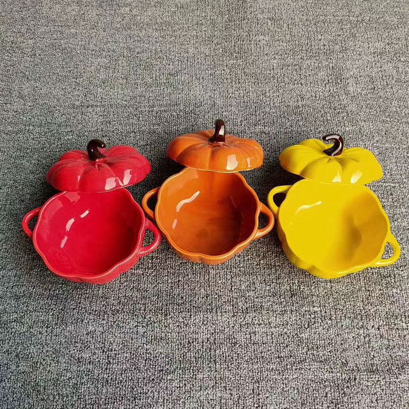 New Product Creative Cute Pumpkin Shape Binaural Baking Bowl Ceramic Stew Cup Baking Utensils Dessert Bowl with Lid