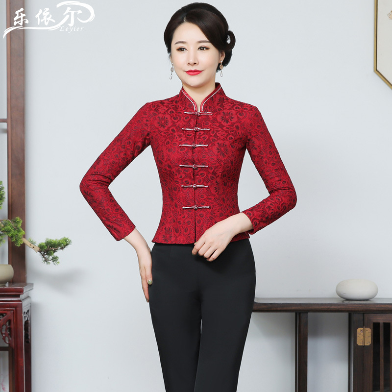 改良蕾丝女唐装上衣长袖复古短款旗袍套装中式喜婆婆妈妈装婚宴服