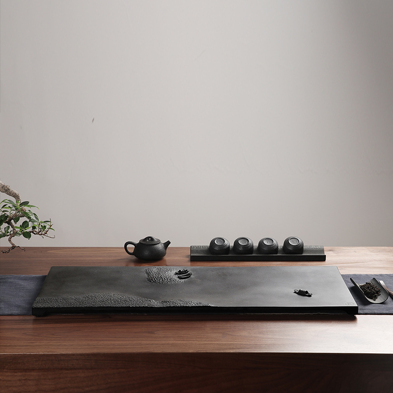 忆仟堂原创设计整块乌金石头茶盘茶海手工精雕图排水茶台功夫茶具