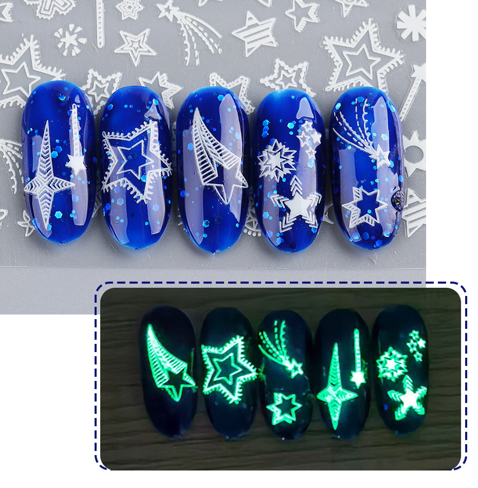 跨境热款美甲贴纸 ins网红夜光圣诞系列雪花圣诞树3d背胶指甲贴纸