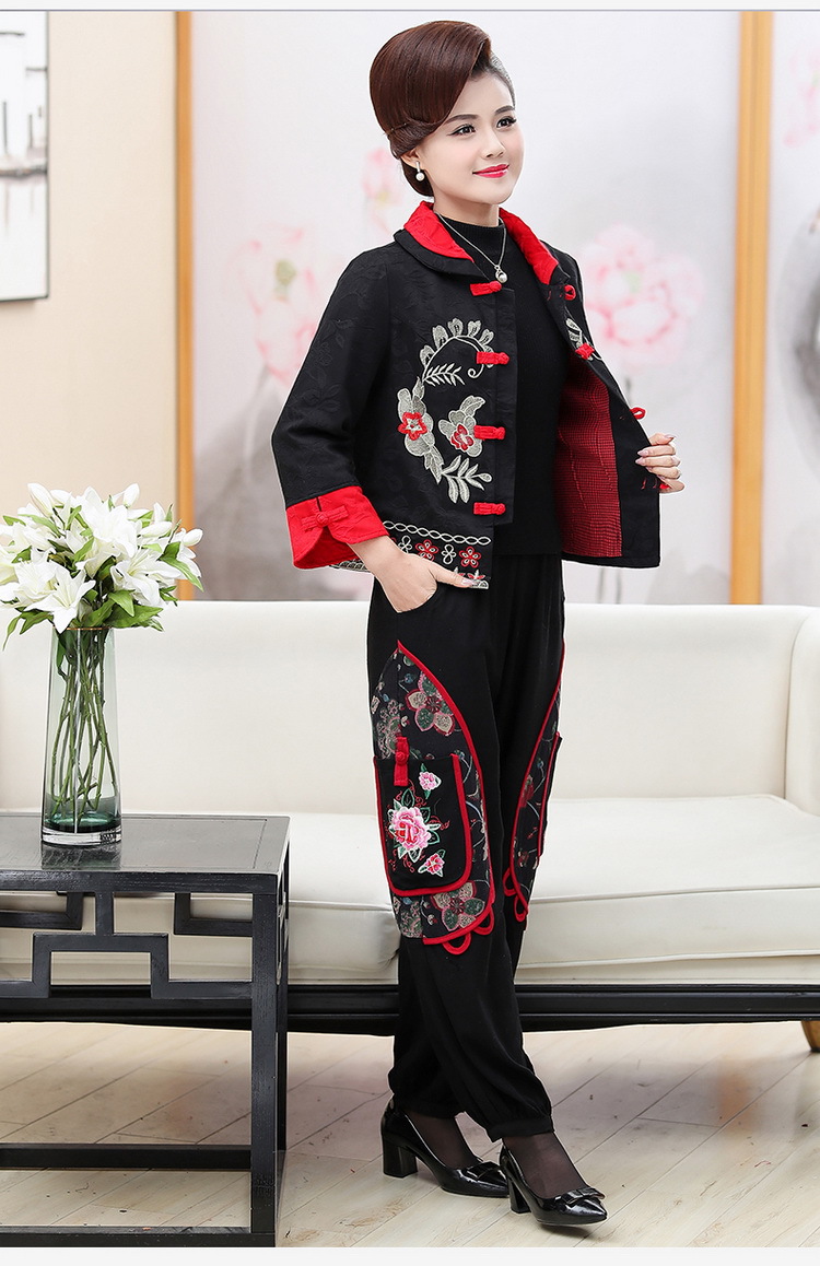 民族风春秋装中老年女复古刺绣中国风套装棉麻短款妈妈唐装两件套