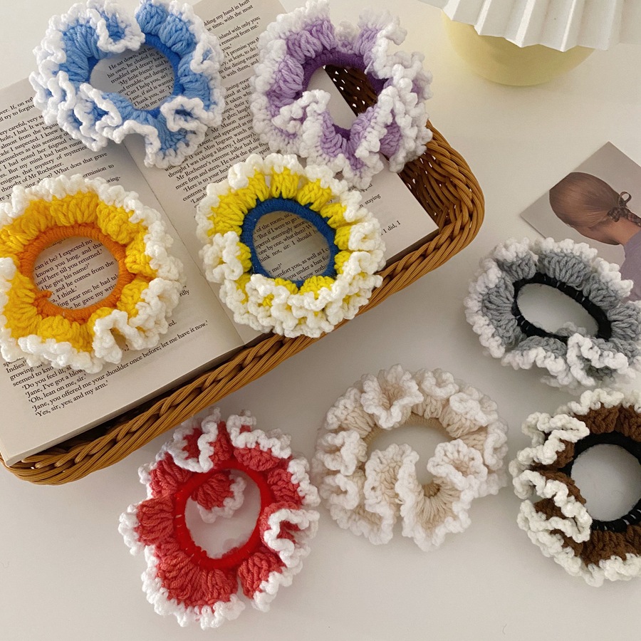 复古拼色毛线波浪发圈手工编织发绳头绳丸子头发饰秋