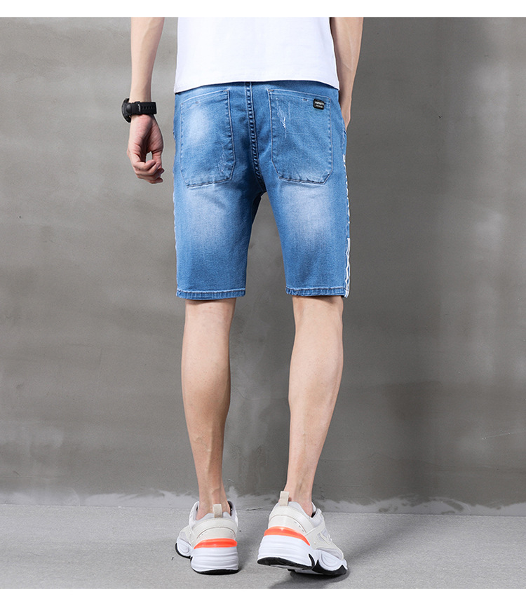 弹力牛仔五分裤男2020夏季薄款直筒修身简约侧条纹松紧腰牛仔短裤