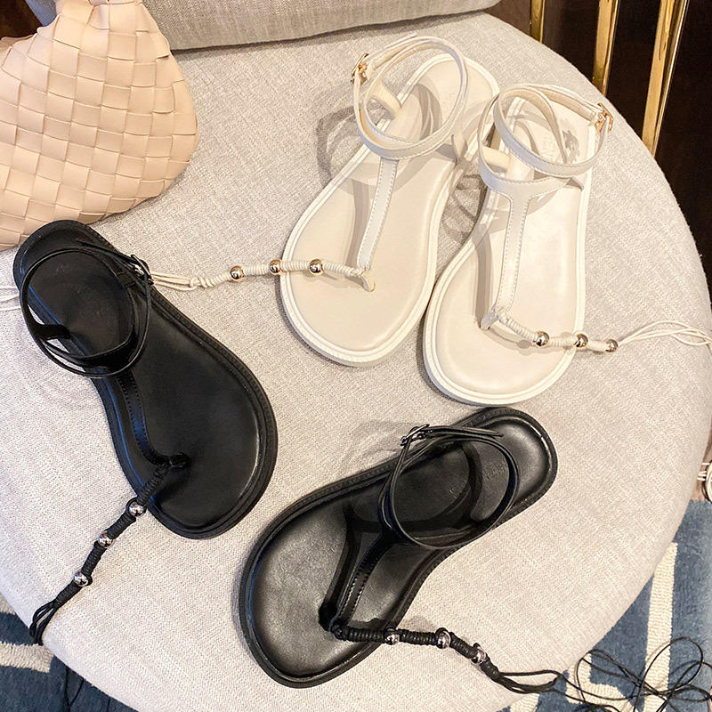 网红一字带凉鞋女夏2020新款韩版罗马时尚百搭夹趾绑带平底沙滩鞋