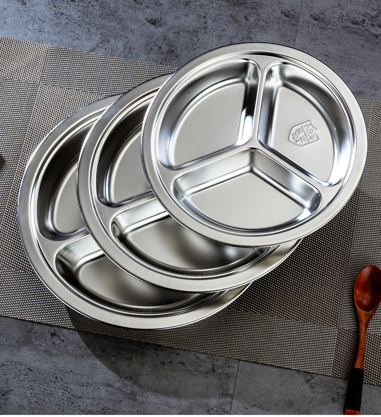 圆形304不锈钢幼儿园餐盘分格三格快餐盘儿童宝宝学生食堂饭盘子