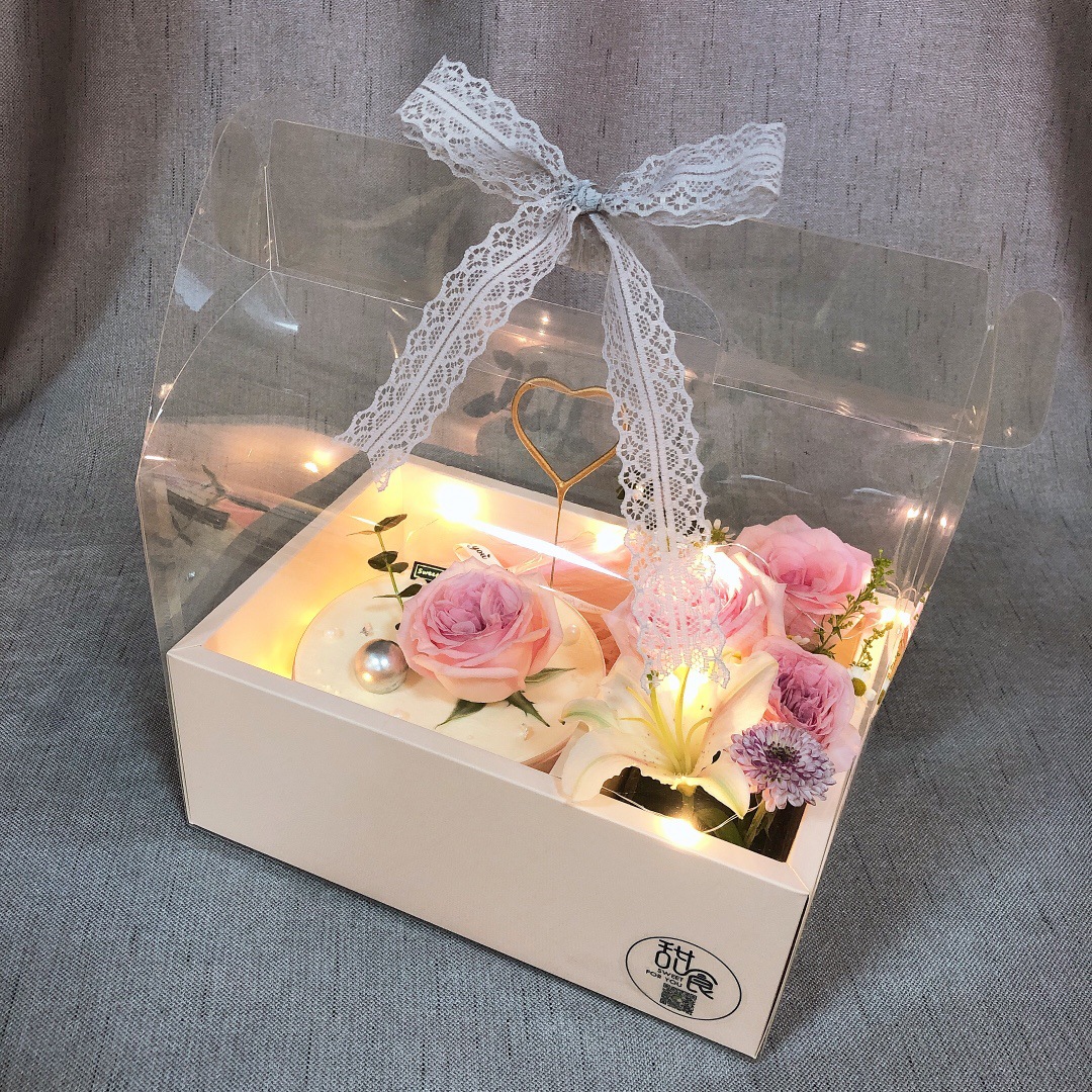 鲜花蛋糕礼盒手提花盒玫瑰花包装盒520情人节永生花盒透明插花盒