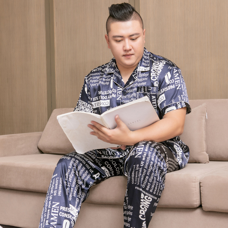 批发大号250斤丝绸睡衣男夏薄加肥加大码胖子肥佬冰丝套装家居服