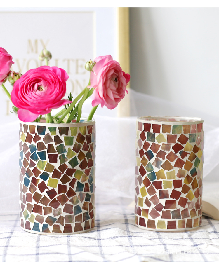 北欧清新马赛克玻璃花瓶摆件水培绿萝客厅餐桌样板间烛台插花装饰-阿