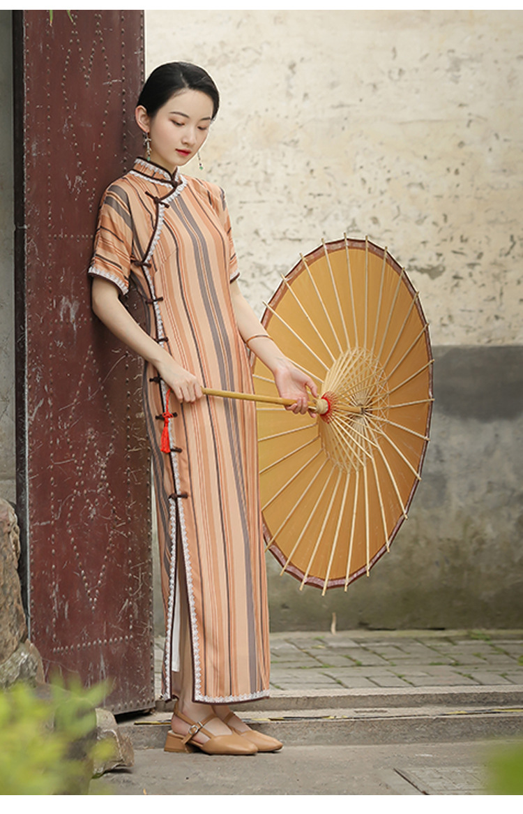 老上海全开襟旗袍女夏中袖长款日常裙修身民国风显瘦【一件代发】