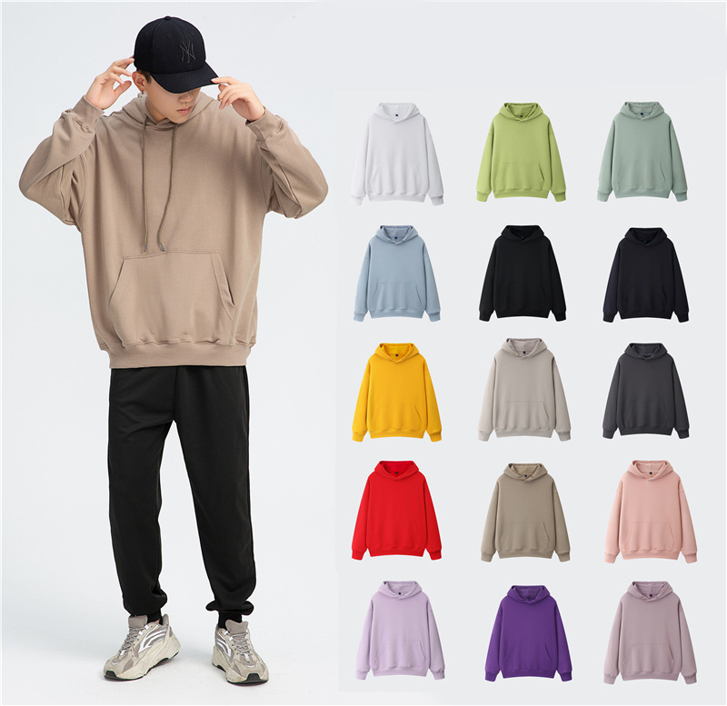 spring and autumn thickening heavy men‘s hooded sweater fashion brand solid color terry hoodie loose shoulder matching hong kong style logo