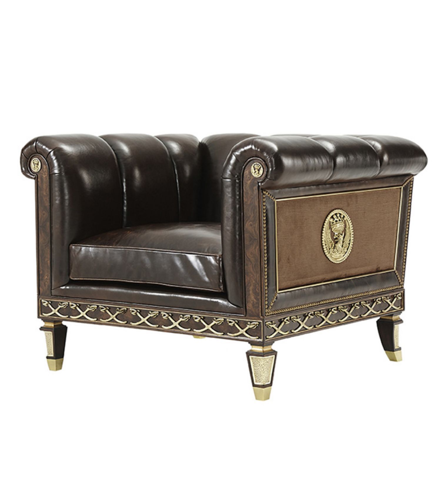 亚历山大单人沙发英式实木雕花真皮桃花芯木镶铜件单人位沙发组合