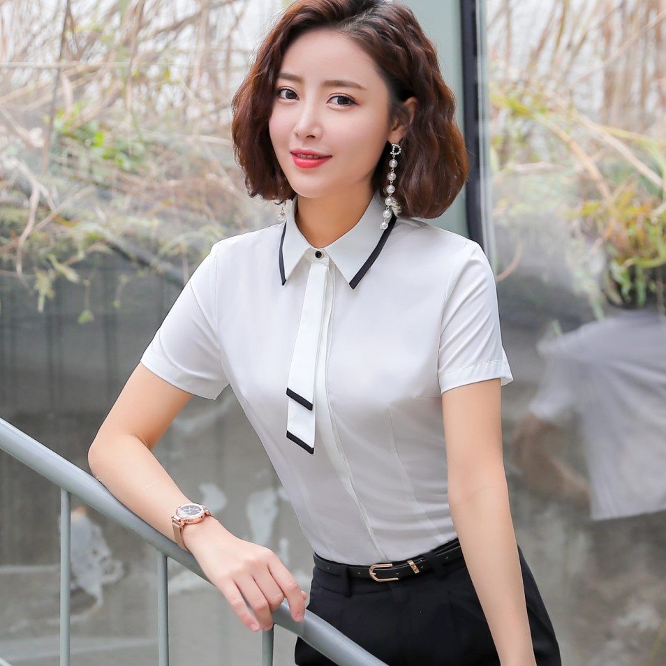 2020年新款衬衫女正装韩版夏职业工作服短袖气质修身时尚衬衣白色