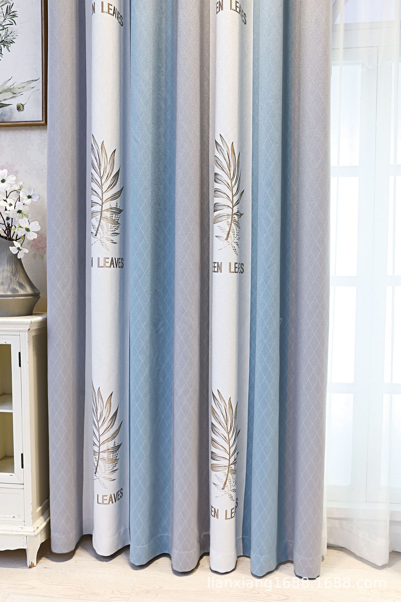 加厚雪呢绒彩条提花遮光隔热窗帘定制成品绿叶叶子客厅卧室书房