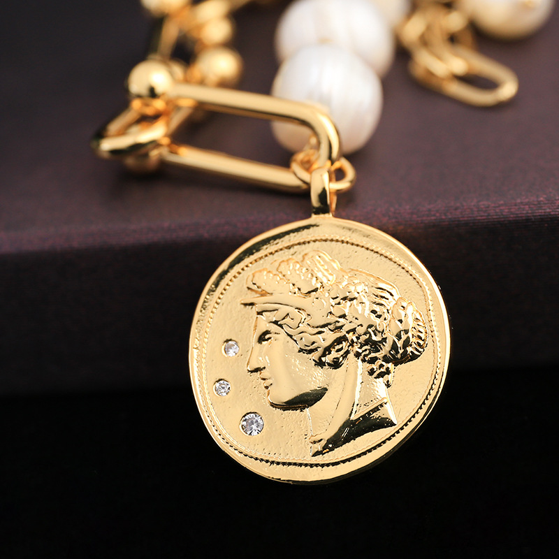 朋克风双层重金属链巴洛克珍珠项链头像吊坠长耳坠耳钉套装7253a