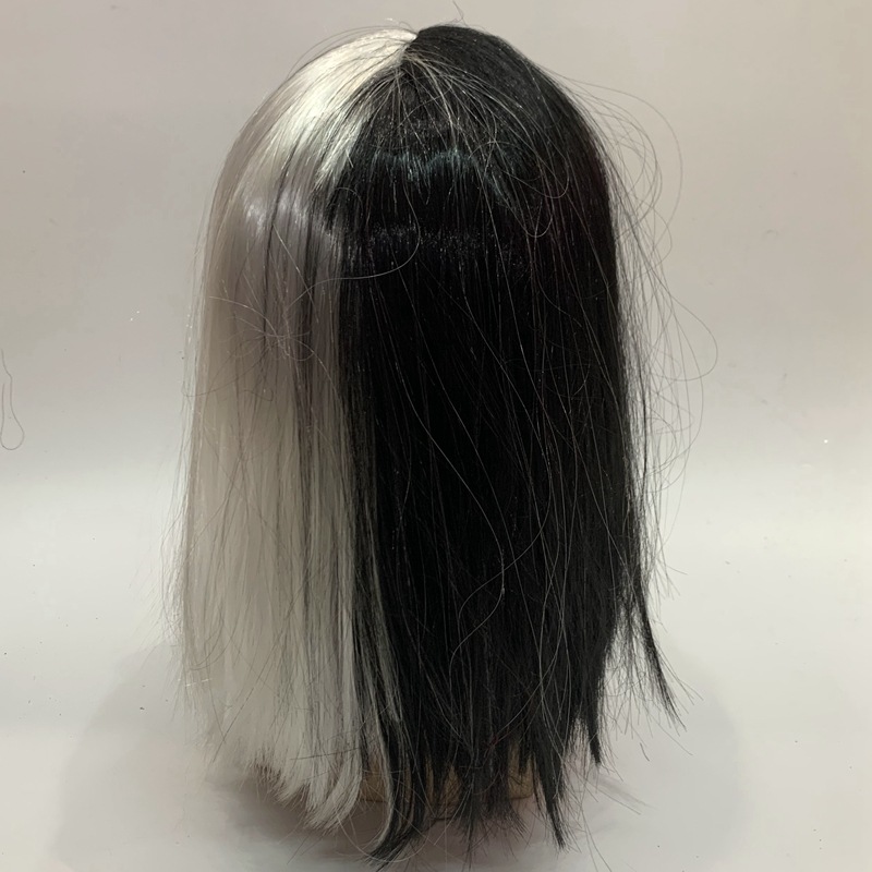 黑白中分压曲短假发 一半黑一半白双色外贸出口万圣节假发定做
