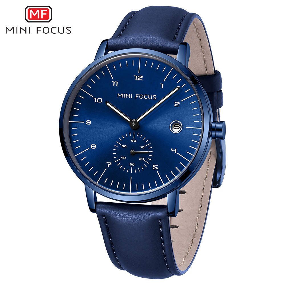 mini focus品牌手表休闲男表日历夜光防水皮表带男手表0303g