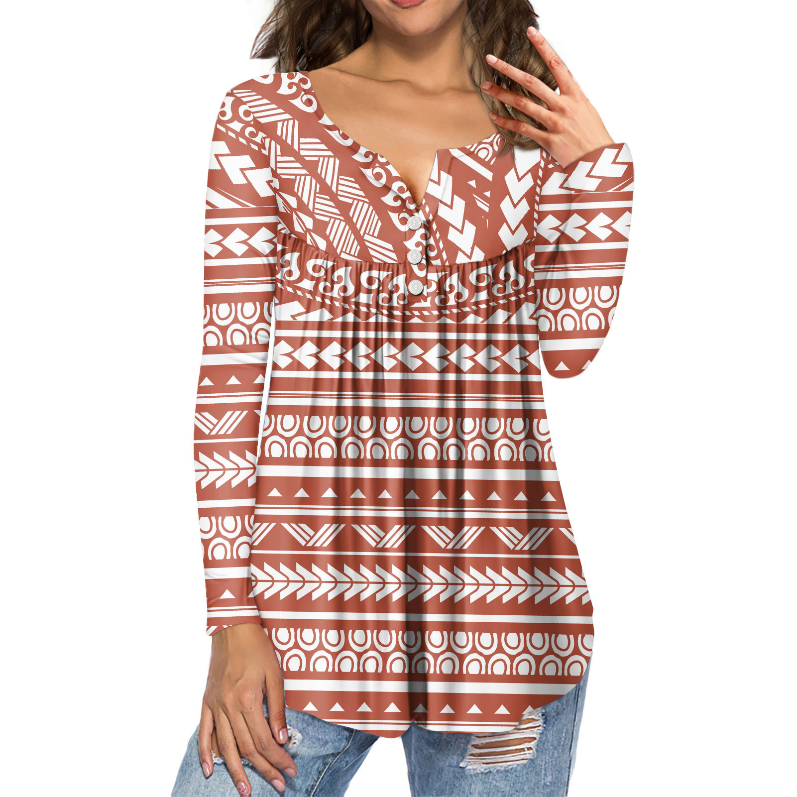 来图定制长袖女上衣 性感v领波利尼西亚服装定制logo女士连衣裙