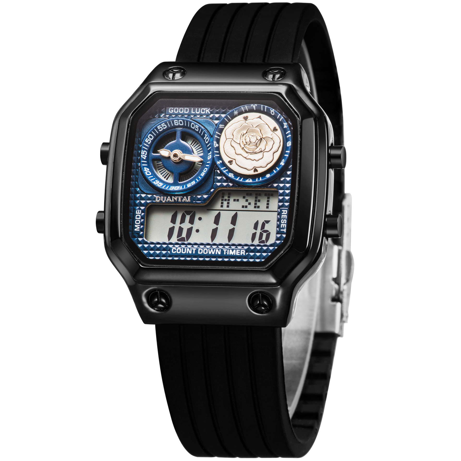 硅胶表带双机芯镶钻表盘女款玫瑰手表多功能夜光个性外贸手表防水