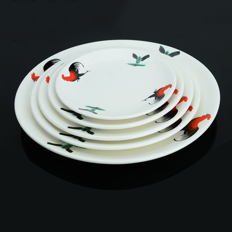 圆形陶瓷公鸡浅盘6-14寸中式怀旧公鸡盘餐厅鸡公骨碟浅式盘大盘子