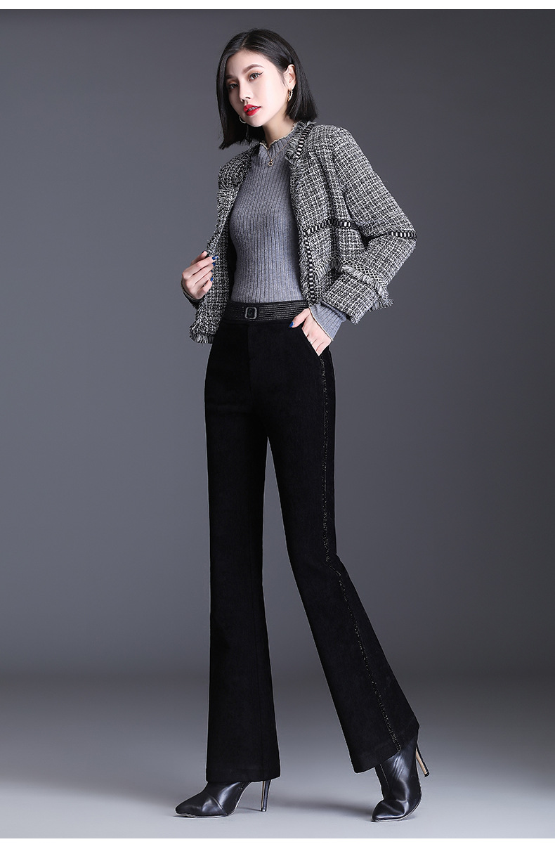 雪尼绒宽松高腰女裤冬季微喇型棉气质通勤直筒黑色长裤微喇裤