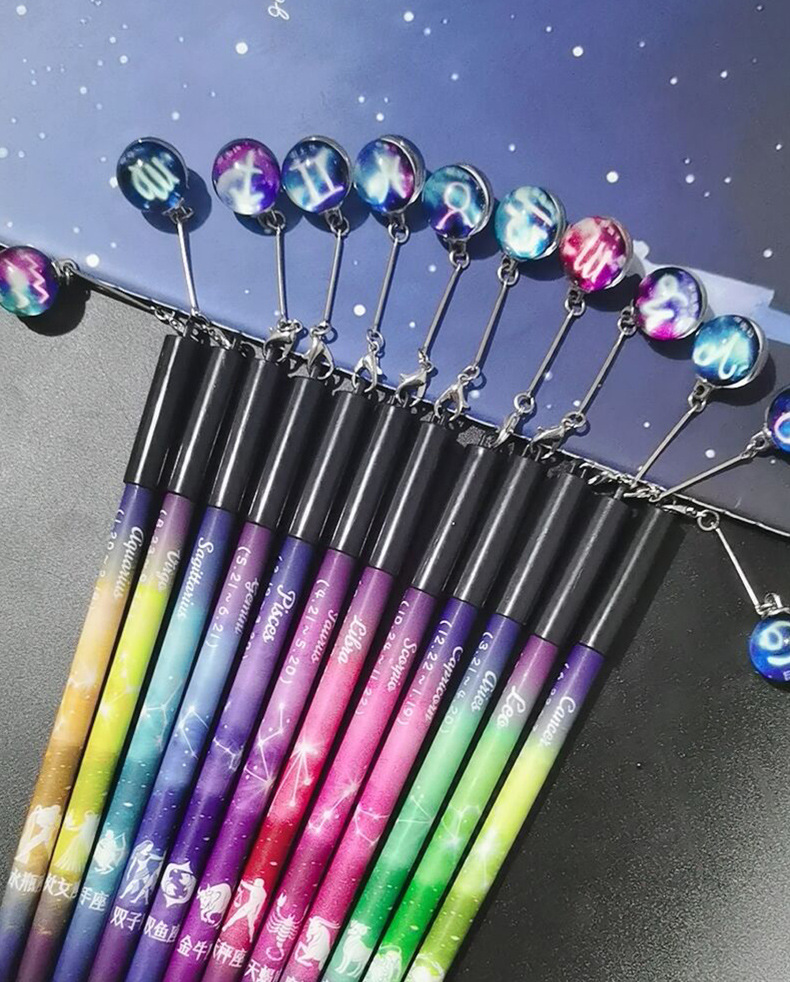 日韩文具创意十二星座夜光挂件黑色学生中性笔签字笔可爱吊坠笔潮