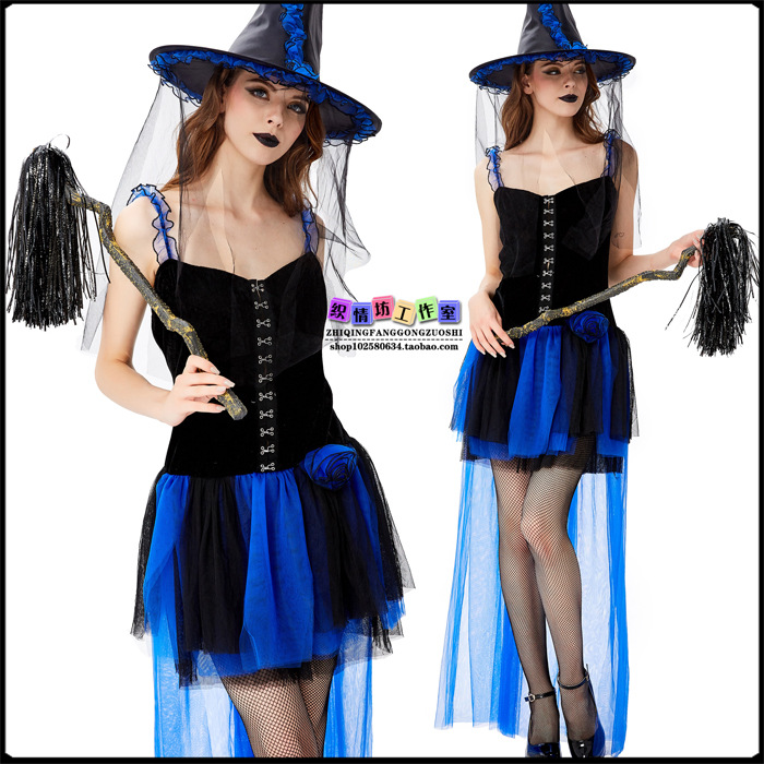 万圣节服装 蓝色网纱裙 扫把女巫连衣裙 毒苹果巫婆 恶魔吸血鬼派