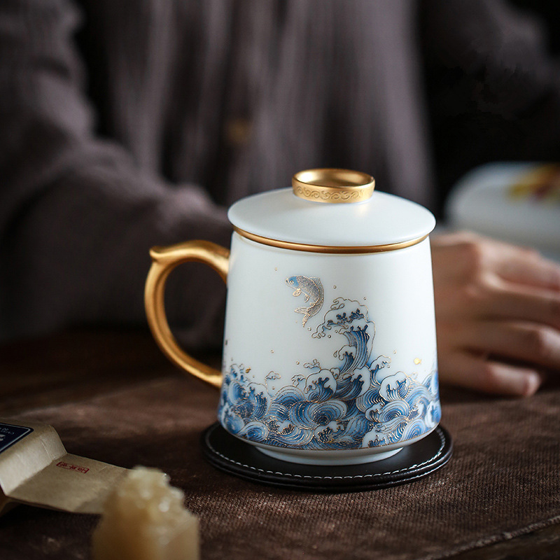 渡景山房白玉瓷水杯描金陶瓷茶水分离办公杯带盖过滤泡茶杯礼盒装