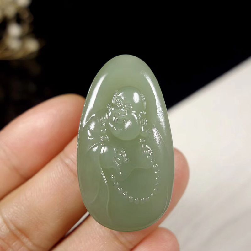 温润斋天然新疆和田玉青海料湖水绿玉石弥勒佛吊坠送证书玉笑佛坠