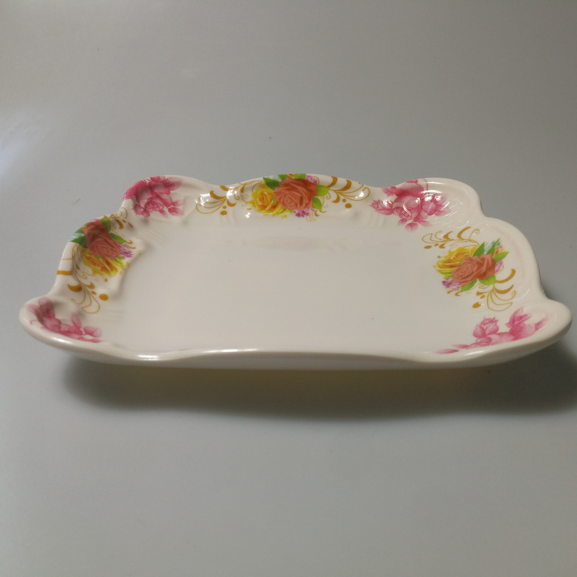 东南亚密胺餐具8寸豪华四方形花边盘汤碟美耐皿盘子浮雕效果贴花