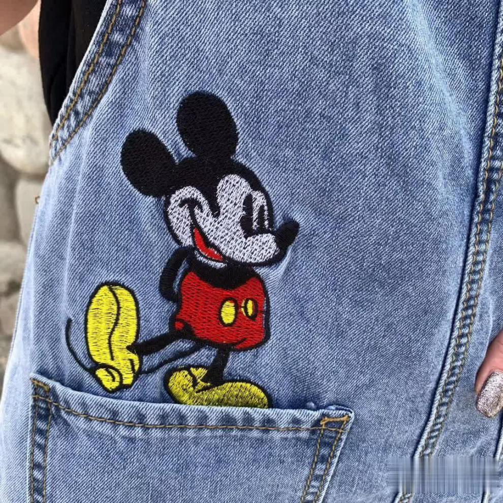 网红背带裤春秋新款宽松高腰小个子显瘦减龄卡通可爱米奇牛仔裤女