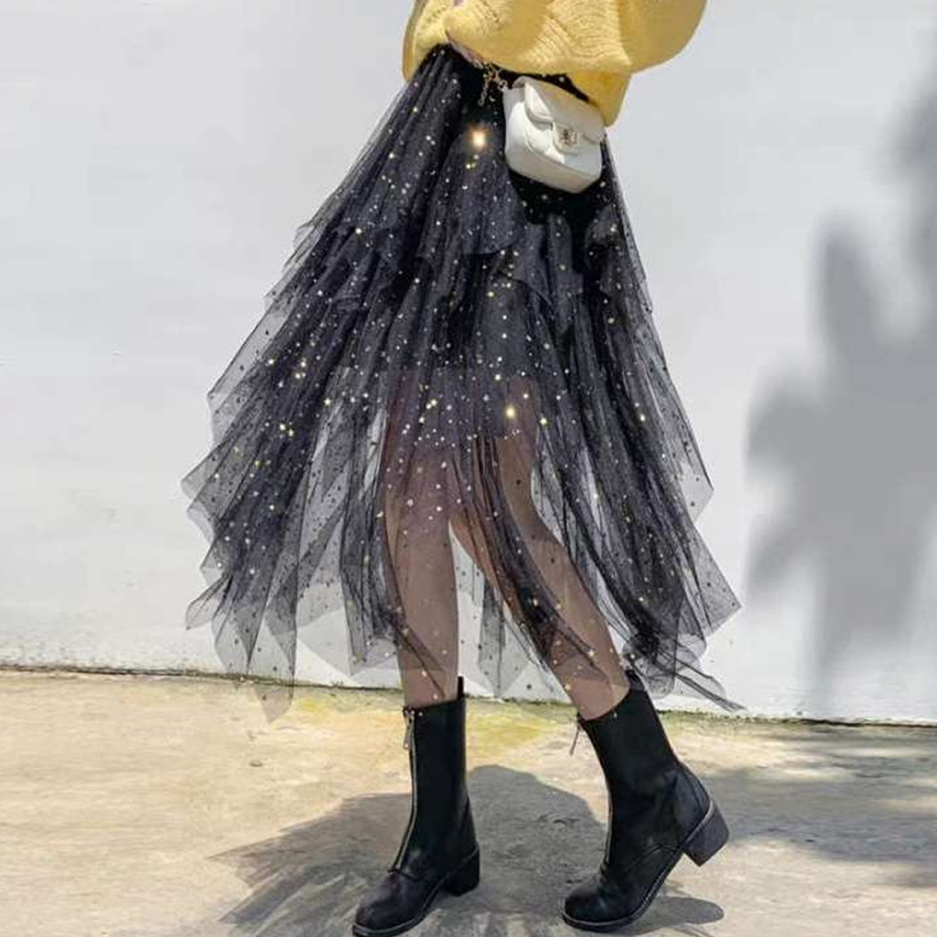 夏季日系新款星星网纱裙星空亮片小个子不规则仙女纱纱半身裙