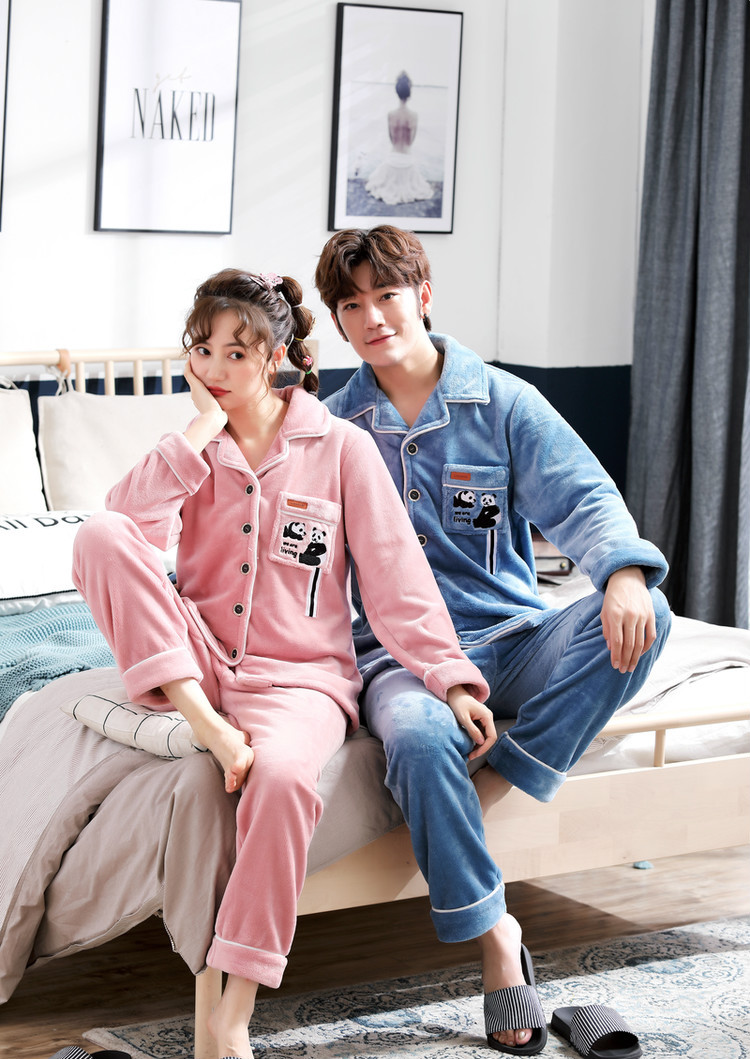 珊瑚绒睡衣情侣装冬季连帽可爱卡通法兰绒女保暖家居服套装家乐