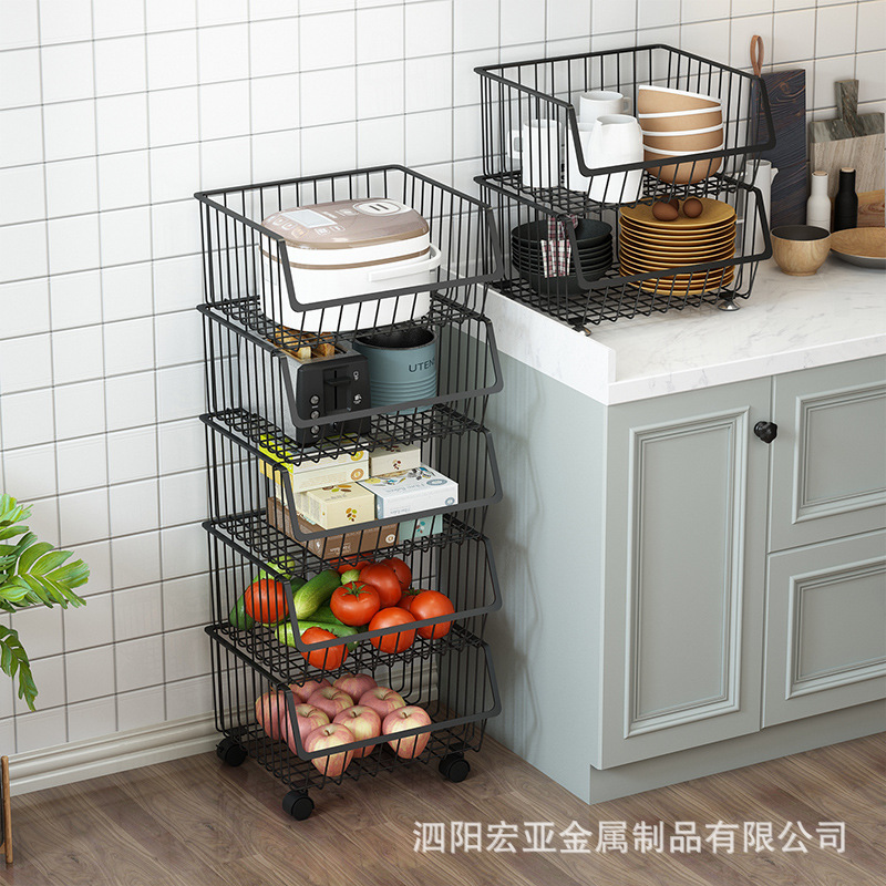 Kitchen Storage Rack Floor Multi-Tier Movable Trolley Installation-Free Layered Vegetable Basket Storage Rack