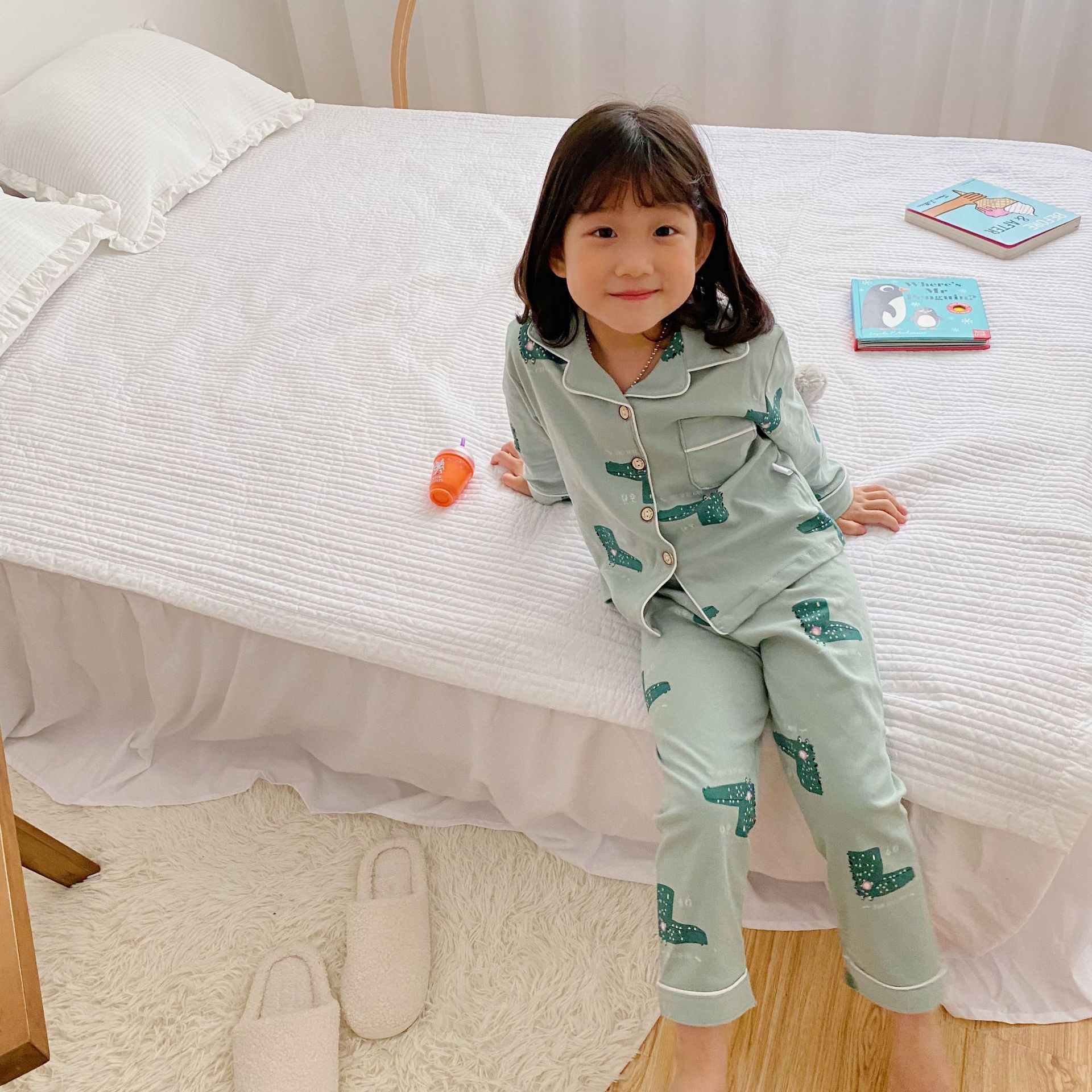 代发儿童纯棉开衫睡衣男童女宝宝卡通睡裤长袖翻领全棉家居服套装